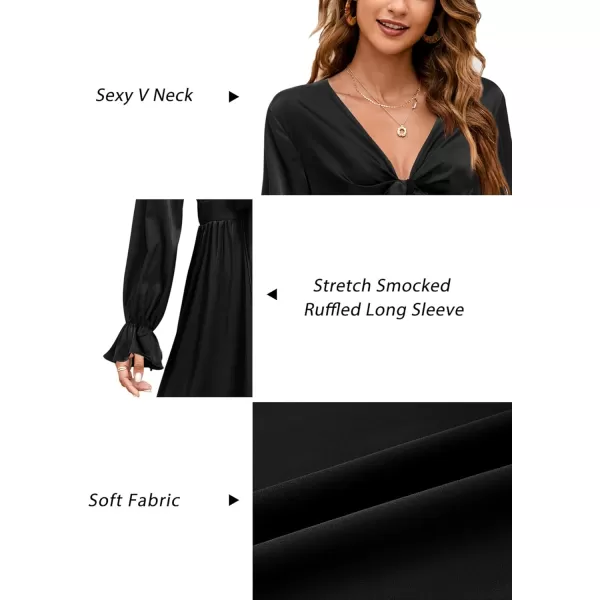 KILIG Women's Satin Sexy V Neck Tie Front Long Sleeve Winter Flowy A-Line Midi Cocktail Dresses for Party Wedding Guest 2022