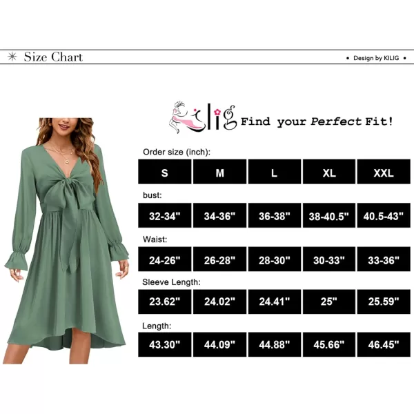 KILIG Women's Satin Sexy V Neck Tie Front Long Sleeve Winter Flowy A-Line Midi Cocktail Dresses for Party Wedding Guest 2022