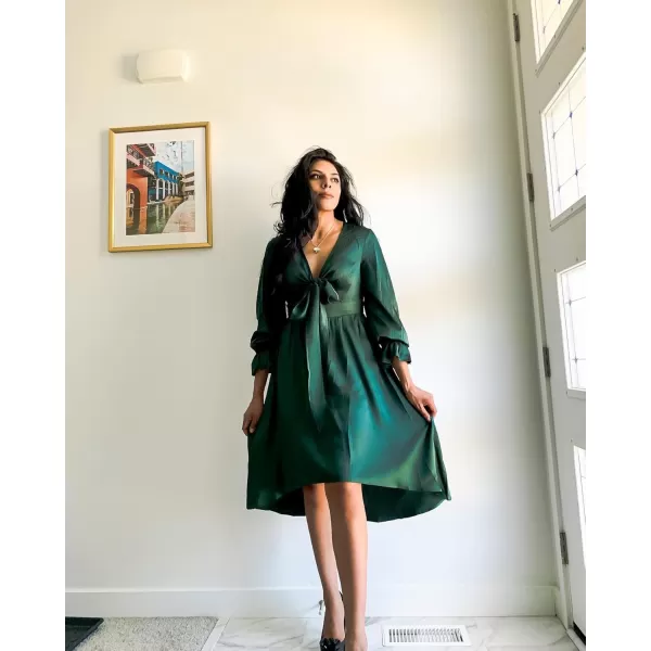 KILIG Women's Satin Sexy V Neck Tie Front Long Sleeve Winter Flowy A-Line Midi Cocktail Dresses for Party Wedding Guest 2022