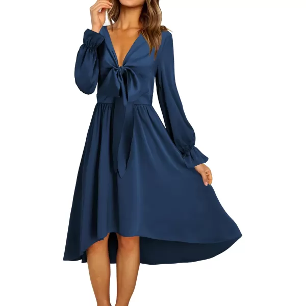 KILIG Women's Satin Sexy V Neck Tie Front Long Sleeve Winter Flowy A-Line Midi Cocktail Dresses for Party Wedding Guest 2022