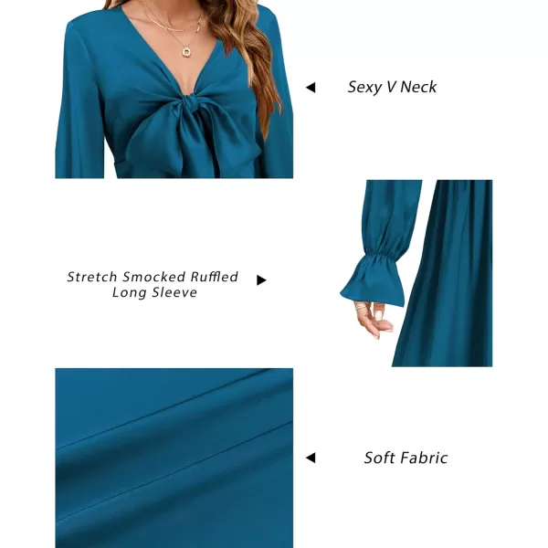 KILIG Women's Satin Sexy V Neck Tie Front Long Sleeve Winter Flowy A-Line Midi Cocktail Dresses for Party Wedding Guest 2022