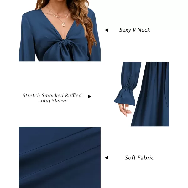 KILIG Women's Satin Sexy V Neck Tie Front Long Sleeve Winter Flowy A-Line Midi Cocktail Dresses for Party Wedding Guest 2022