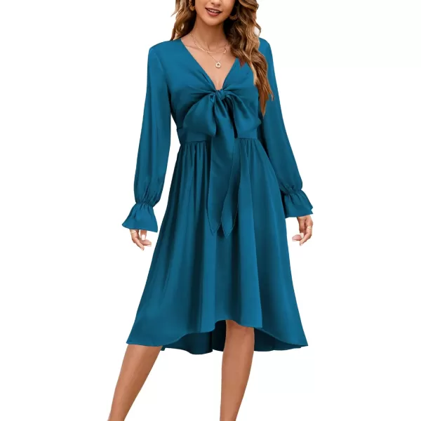 KILIG Women's Satin Sexy V Neck Tie Front Long Sleeve Winter Flowy A-Line Midi Cocktail Dresses for Party Wedding Guest 2022