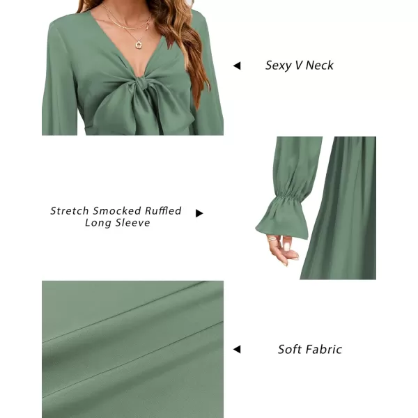 KILIG Women's Satin Sexy V Neck Tie Front Long Sleeve Winter Flowy A-Line Midi Cocktail Dresses for Party Wedding Guest 2022