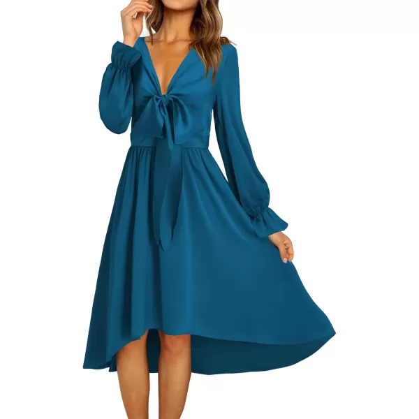 KILIG Women's Satin Sexy V Neck Tie Front Long Sleeve Winter Flowy A-Line Midi Cocktail Dresses for Party Wedding Guest 2022