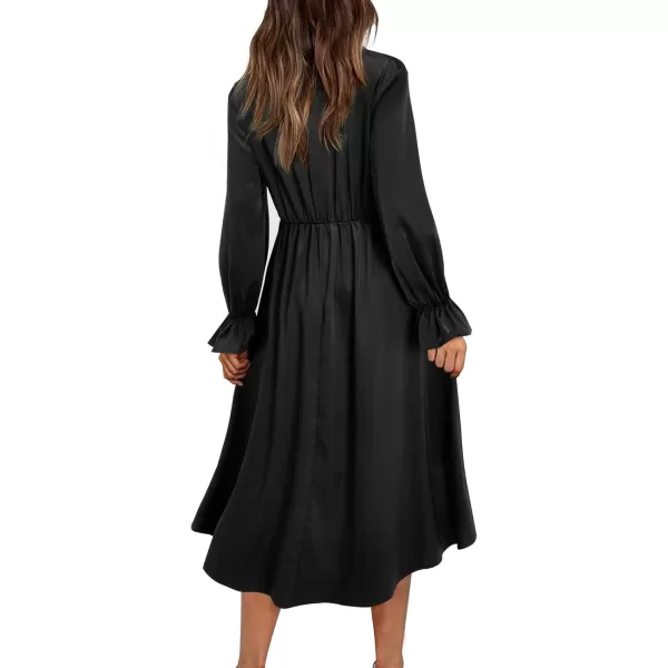 KILIG Women's Satin Sexy V Neck Tie Front Long Sleeve Winter Flowy A-Line Midi Cocktail Dresses for Party Wedding Guest 2022