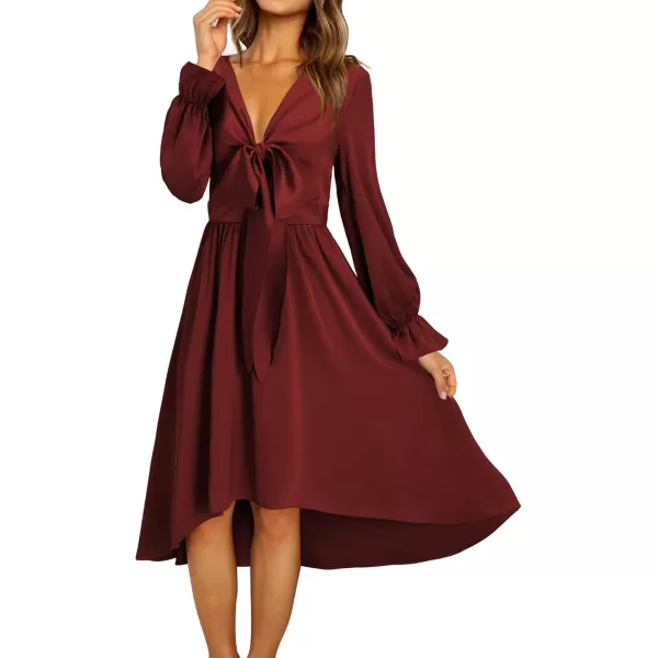 KILIG Women's Satin Sexy V Neck Tie Front Long Sleeve Winter Flowy A-Line Midi Cocktail Dresses for Party Wedding Guest 2022