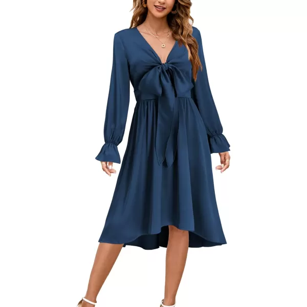 KILIG Women's Satin Sexy V Neck Tie Front Long Sleeve Winter Flowy A-Line Midi Cocktail Dresses for Party Wedding Guest 2022