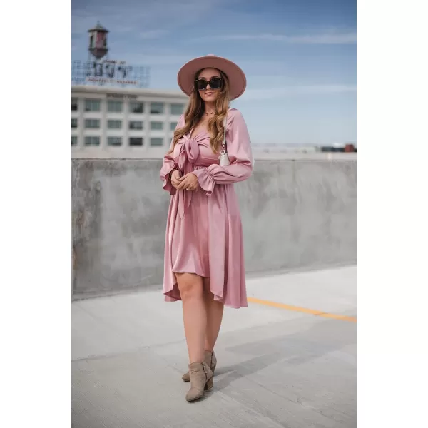KILIG Women's Satin Sexy V Neck Tie Front Long Sleeve Winter Flowy A-Line Midi Cocktail Dresses for Party Wedding Guest 2022