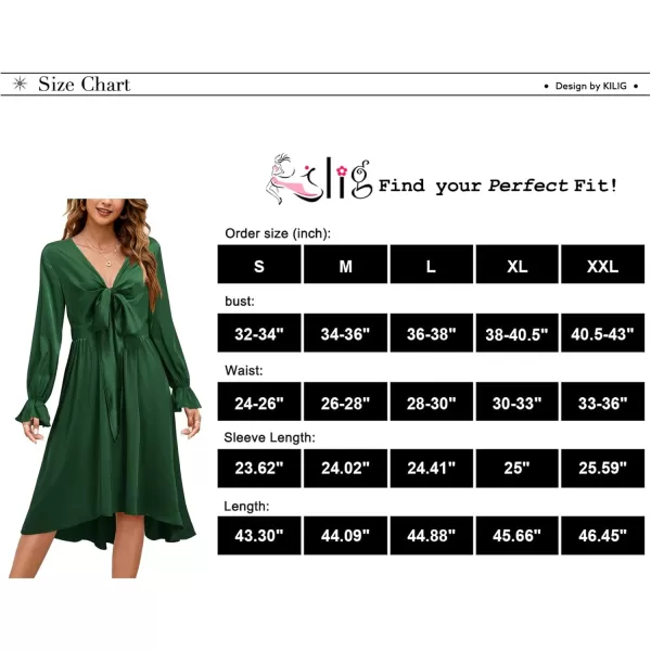 KILIG Women's Satin Sexy V Neck Tie Front Long Sleeve Winter Flowy A-Line Midi Cocktail Dresses for Party Wedding Guest 2022