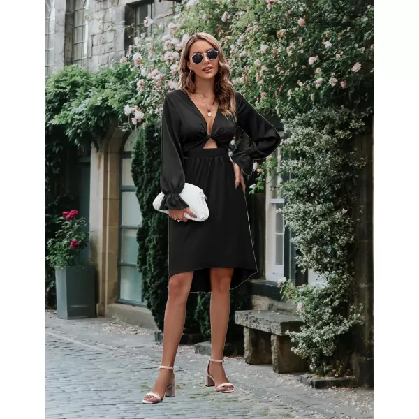 KILIG Women's Satin Sexy V Neck Tie Front Long Sleeve Winter Flowy A-Line Midi Cocktail Dresses for Party Wedding Guest 2022