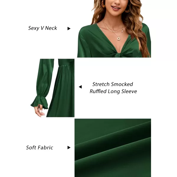 KILIG Women's Satin Sexy V Neck Tie Front Long Sleeve Winter Flowy A-Line Midi Cocktail Dresses for Party Wedding Guest 2022
