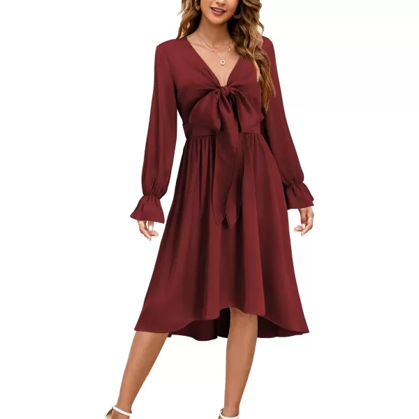 KILIG Women's Satin Sexy V Neck Tie Front Long Sleeve Winter Flowy A-Line Midi Cocktail Dresses for Party Wedding Guest 2022