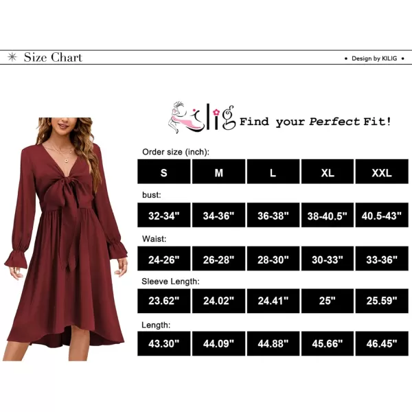 KILIG Women's Satin Sexy V Neck Tie Front Long Sleeve Winter Flowy A-Line Midi Cocktail Dresses for Party Wedding Guest 2022