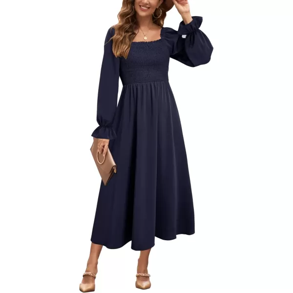KILIG Womens Square Neck Long Sleeve Winter Dresses Tie Back Smocked Casual Midi Fall Dress 2022