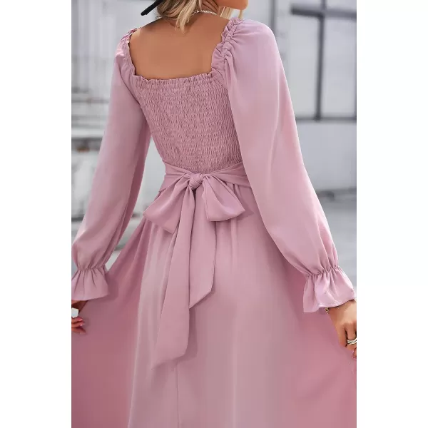 KILIG Womens Square Neck Long Sleeve Winter Dresses Tie Back Smocked Casual Midi Fall Dress 2022