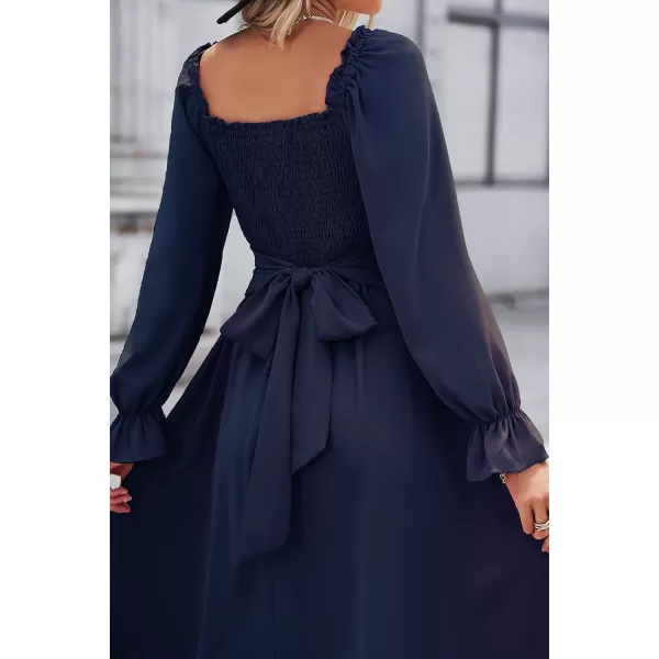 KILIG Womens Square Neck Long Sleeve Winter Dresses Tie Back Smocked Casual Midi Fall Dress 2022