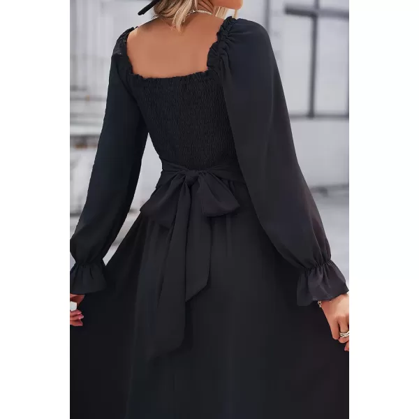 KILIG Womens Square Neck Long Sleeve Winter Dresses Tie Back Smocked Casual Midi Fall Dress 2022