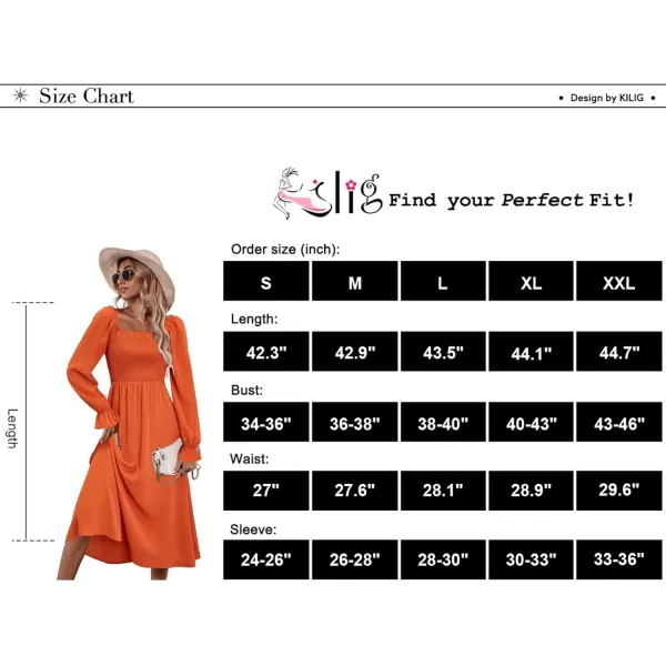 KILIG Womens Square Neck Long Sleeve Winter Dresses Tie Back Smocked Casual Midi Fall Dress 2022