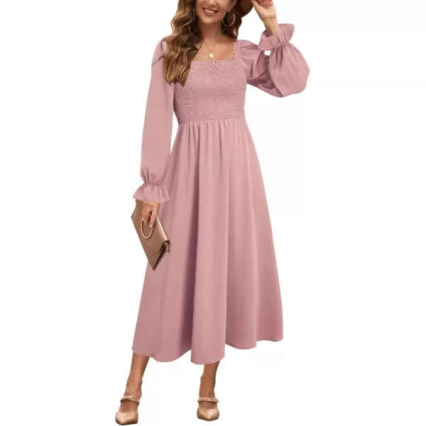 KILIG Womens Square Neck Long Sleeve Winter Dresses Tie Back Smocked Casual Midi Fall Dress 2022