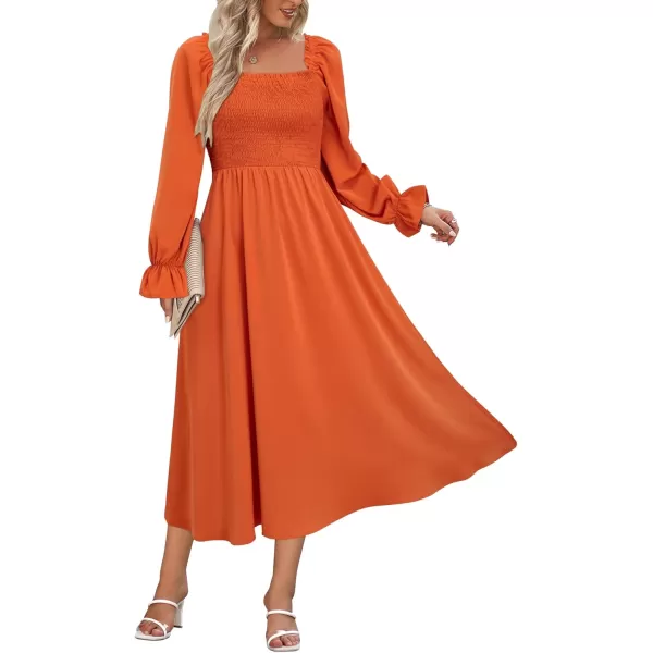 KILIG Womens Square Neck Long Sleeve Winter Dresses Tie Back Smocked Casual Midi Fall Dress 2022