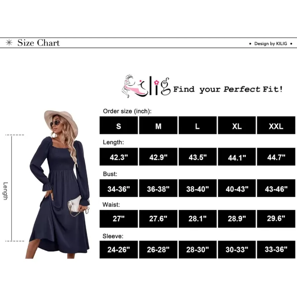 KILIG Womens Square Neck Long Sleeve Winter Dresses Tie Back Smocked Casual Midi Fall Dress 2022