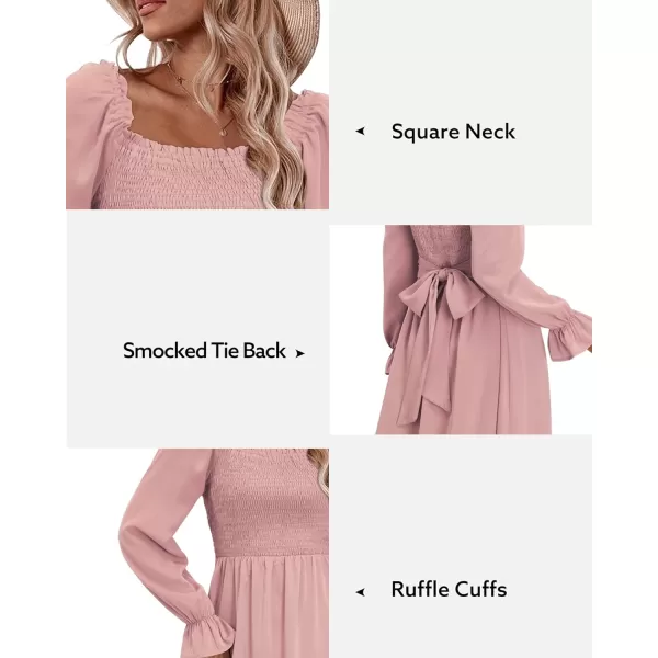 KILIG Womens Square Neck Long Sleeve Winter Dresses Tie Back Smocked Casual Midi Fall Dress 2022
