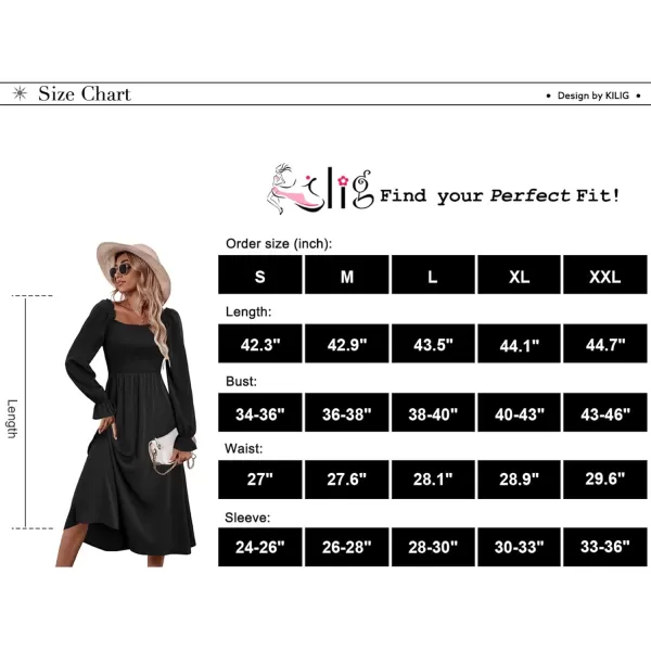 KILIG Womens Square Neck Long Sleeve Winter Dresses Tie Back Smocked Casual Midi Fall Dress 2022