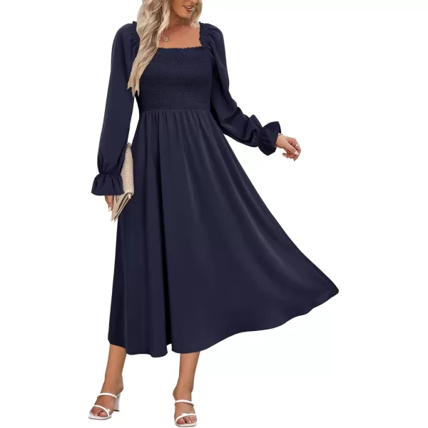 KILIG Womens Square Neck Long Sleeve Winter Dresses Tie Back Smocked Casual Midi Fall Dress 2022