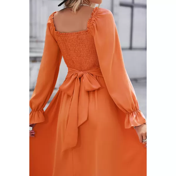 KILIG Womens Square Neck Long Sleeve Winter Dresses Tie Back Smocked Casual Midi Fall Dress 2022