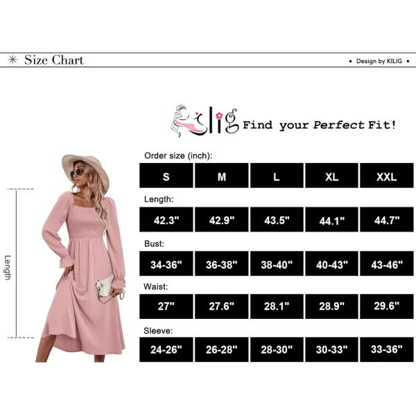 KILIG Womens Square Neck Long Sleeve Winter Dresses Tie Back Smocked Casual Midi Fall Dress 2022