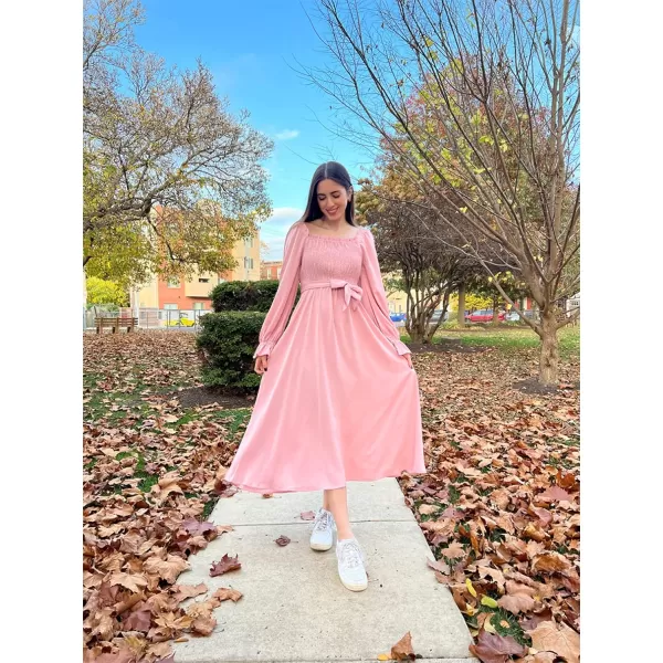 KILIG Womens Square Neck Long Sleeve Winter Dresses Tie Back Smocked Casual Midi Fall Dress 2022