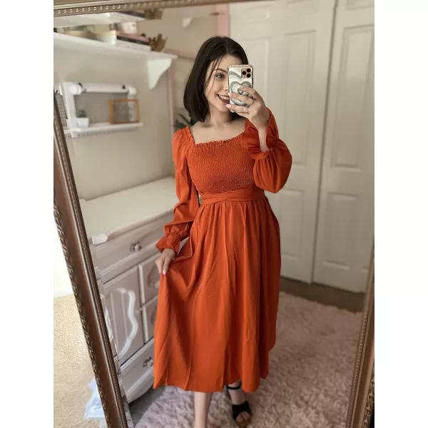 KILIG Womens Square Neck Long Sleeve Winter Dresses Tie Back Smocked Casual Midi Fall Dress 2022