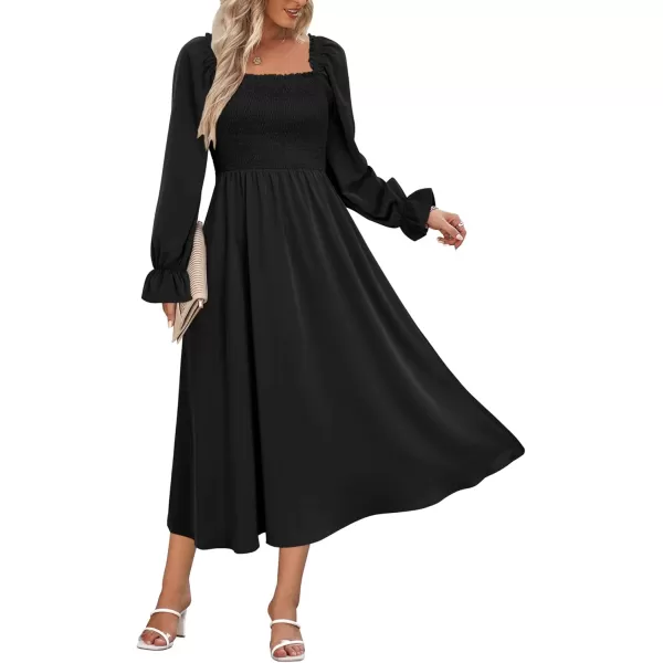 KILIG Womens Square Neck Long Sleeve Winter Dresses Tie Back Smocked Casual Midi Fall Dress 2022