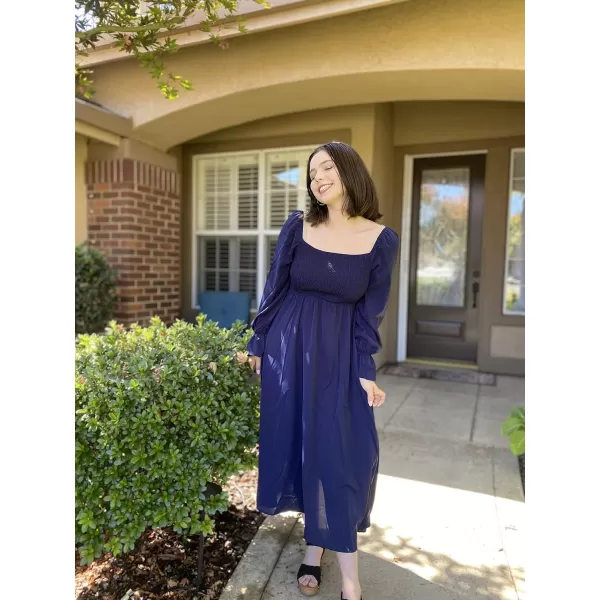 KILIG Womens Square Neck Long Sleeve Winter Dresses Tie Back Smocked Casual Midi Fall Dress 2022