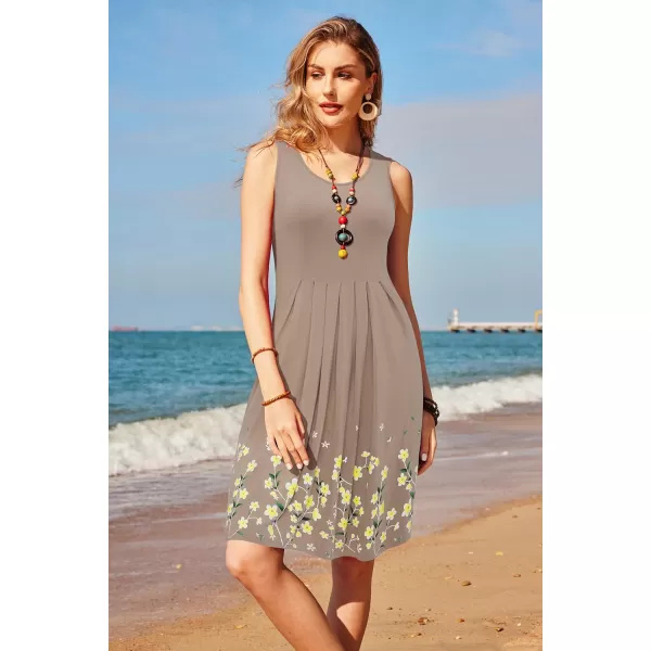 KILIG Womens Summer Dresses Floral Print Casual Soft Pleated Sleeveless Crewneck Tank Sundress Midi for Boho Beach 2024