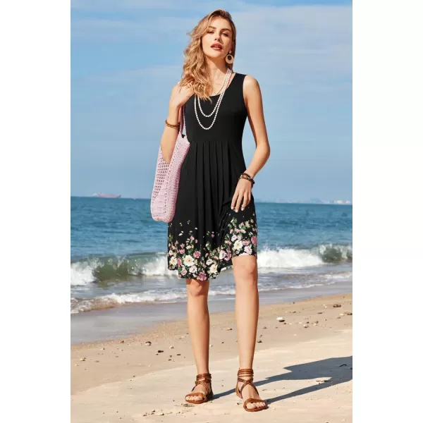 KILIG Womens Summer Dresses Floral Print Casual Soft Pleated Sleeveless Crewneck Tank Sundress Midi for Boho Beach 2024