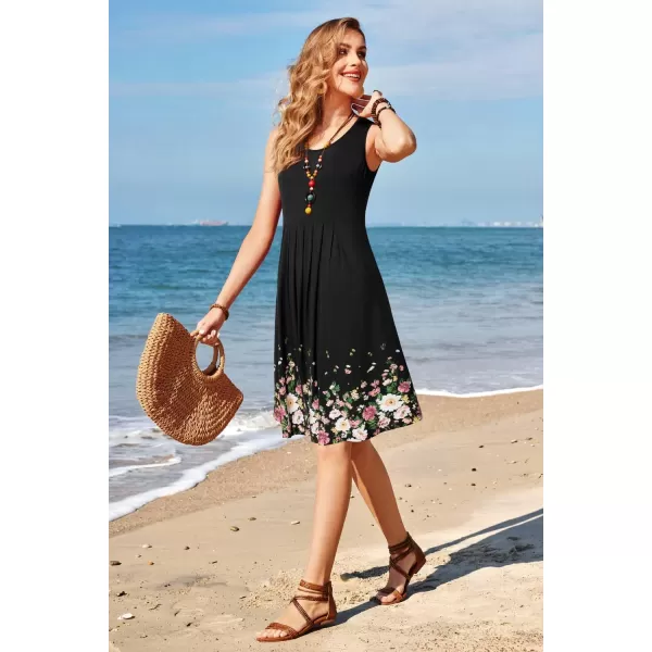 KILIG Womens Summer Dresses Floral Print Casual Soft Pleated Sleeveless Crewneck Tank Sundress Midi for Boho Beach 2024