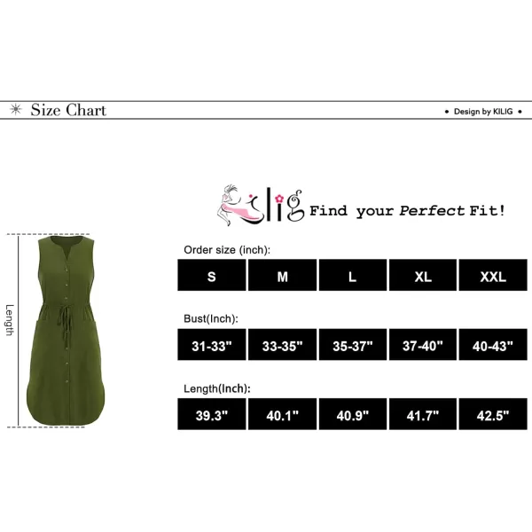 KILIG Women's Summer V Neck Sleeveless Button Down Elastic Casual Dress with Pockets