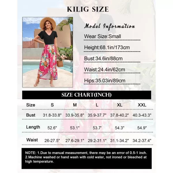 KILIG Women's V Neck Sleeveless Casual Summer Sundresses Asymmetrical Patchwork Floral Maxi Dresses