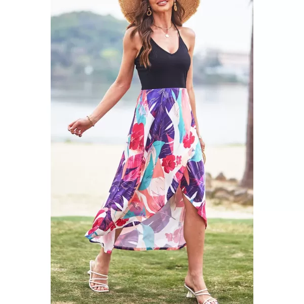 KILIG Women's V Neck Sleeveless Casual Summer Sundresses Asymmetrical Patchwork Floral Maxi Dresses
