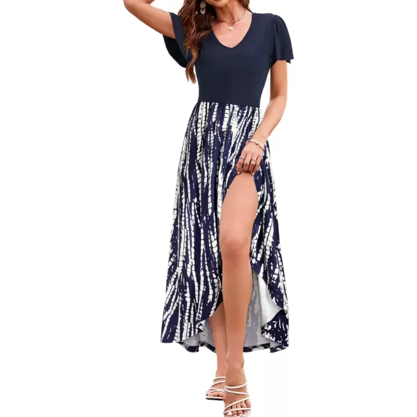 KILIG Women's V Neck Sleeveless Casual Summer Sundresses Asymmetrical Patchwork Floral Maxi Dresses