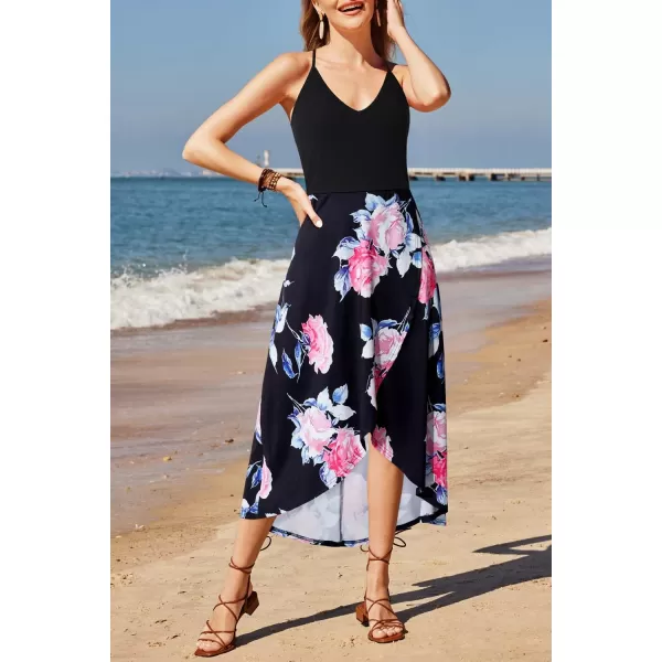 KILIG Women's V Neck Sleeveless Casual Summer Sundresses Asymmetrical Patchwork Floral Maxi Dresses