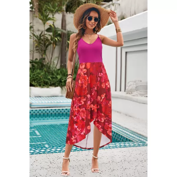 KILIG Women's V Neck Sleeveless Casual Summer Sundresses Asymmetrical Patchwork Floral Maxi Dresses