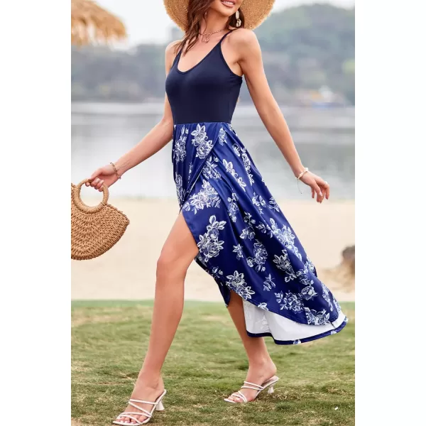 KILIG Women's V Neck Sleeveless Casual Summer Sundresses Asymmetrical Patchwork Floral Maxi Dresses