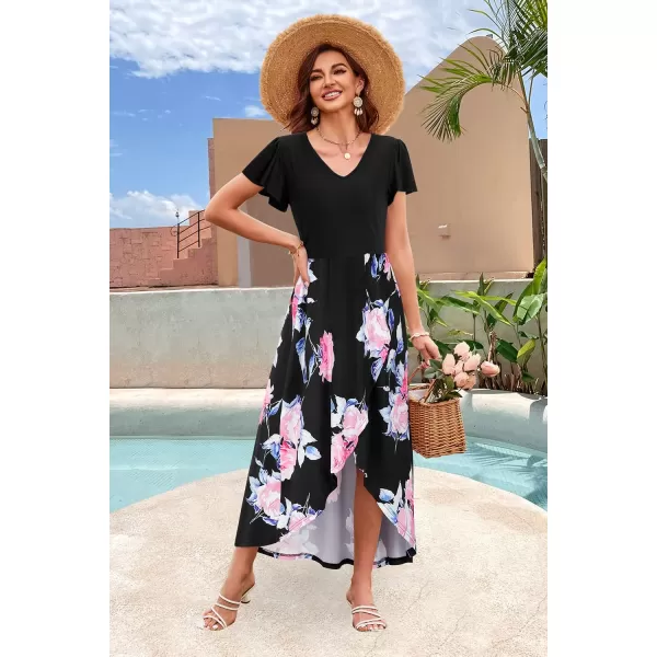 KILIG Women's V Neck Sleeveless Casual Summer Sundresses Asymmetrical Patchwork Floral Maxi Dresses