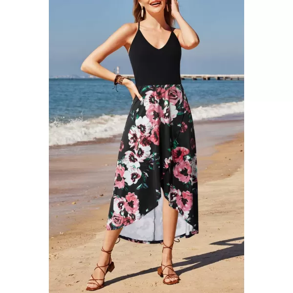 KILIG Women's V Neck Sleeveless Casual Summer Sundresses Asymmetrical Patchwork Floral Maxi Dresses