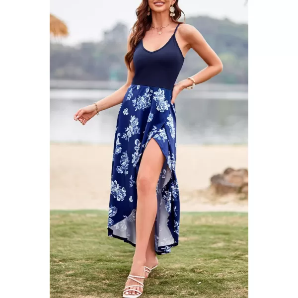 KILIG Women's V Neck Sleeveless Casual Summer Sundresses Asymmetrical Patchwork Floral Maxi Dresses
