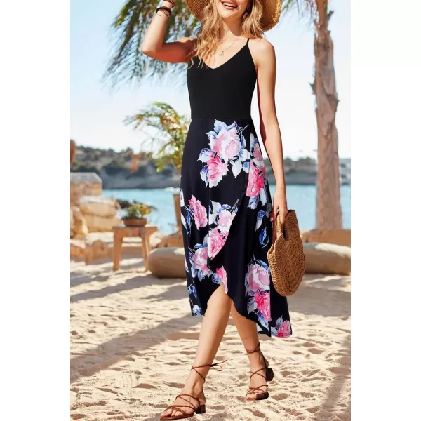 KILIG Women's V Neck Sleeveless Casual Summer Sundresses Asymmetrical Patchwork Floral Maxi Dresses
