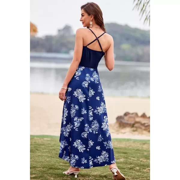 KILIG Women's V Neck Sleeveless Casual Summer Sundresses Asymmetrical Patchwork Floral Maxi Dresses